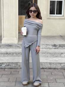 SHEIN 青少年女孩 2 件套：罗纹露肩长袖修身上衣，下摆不对称，配阔腿裤，休闲家居服或街头装 - 灰色 - 查看 1