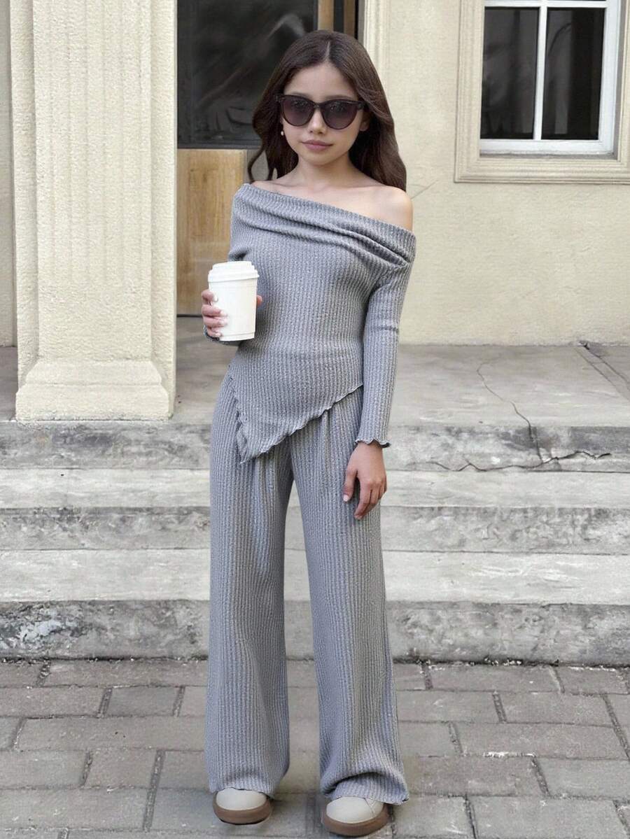 SHEIN 青少年女孩 2 件套：罗纹露肩长袖修身上衣，下摆不对称，配阔腿裤，休闲家居服或街头装 - 灰色 - 查看 1