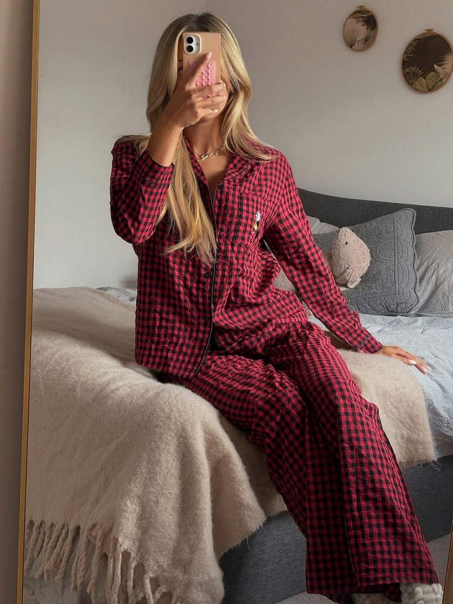 DAZY 2pcs Plaid Embroidery Pattern Loose Long Sleeve Top & Long Pants Women Pajama Set, Winter Clothes - Burgundy - View 1