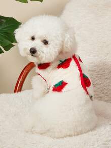 PETSIN 1件宠物猫狗通用可爱红色草莓印花双面弹力毛绒舒适保暖开襟纽扣狗狗无袖外套 - 彩色 - 查看 2