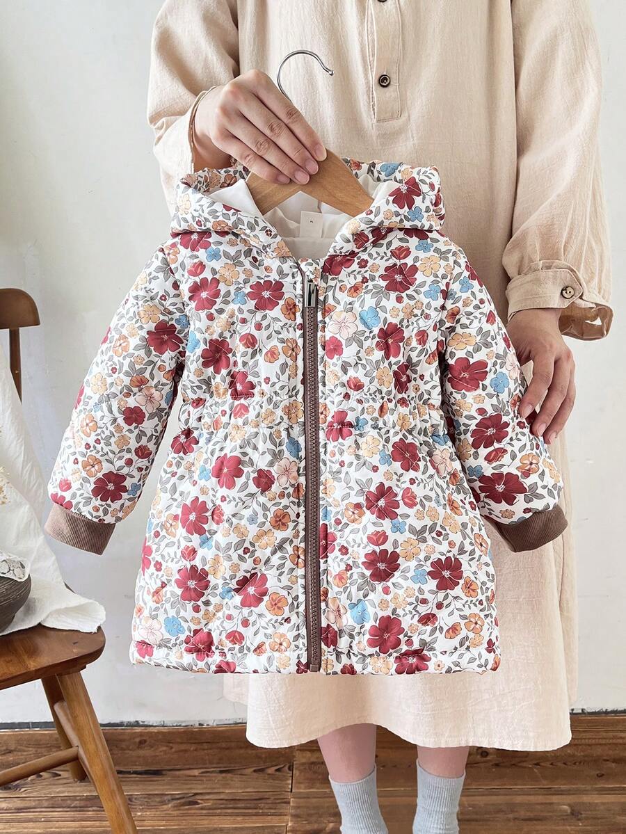 SHEIN Baby Girl 6Months-3Years Baby Girl Fall For Girl Casual Daily Style Coat,Flower-Printing Thicker And Warmer Hooded Padded Jacket - Multicolor - View 1