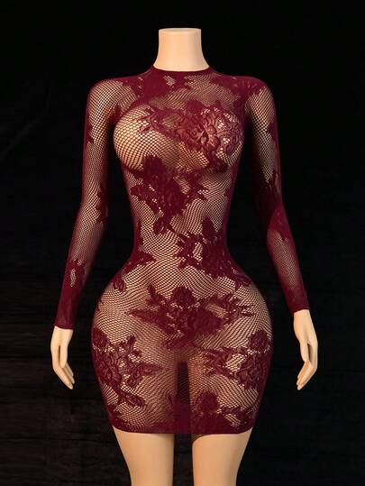 ChaseTheNight 1pc Women's Mature Sexy Hollow-Out Long Sleeve Bodycon Dress