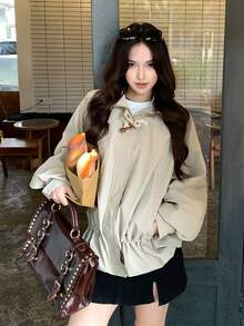 DAZY 女士纯色宽松高领长袖抽绳荷叶边下摆休闲夹克，适合秋冬季 - 卡其色 - 查看 5