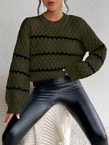 SHEIN LUNE Striped Pattern Contrast Color Crew Neck Casual Long Sleeve Pullover Sweater - Army Green - View 5
