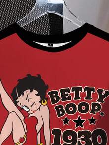 Betty Boop x SHEIN 女式卡通人物图案拼色圆领短袖T恤 - 白色 - 查看 4