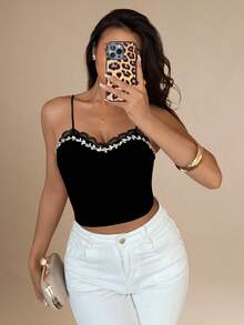 Islaluna 女士天鹅绒水钻装饰吊带背心，秋冬款 - 黑色 - 查看 4