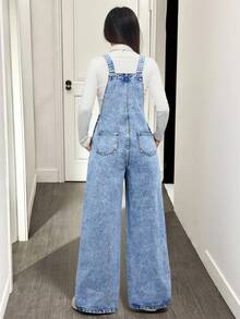 SHEIN 青少年女孩 Y2K 学院风浅色水洗休闲花朵刺绣口袋宽松高腰阔腿牛仔裤牛仔背带裤连体裤（不含 T 恤），女孩秋冬装街头服饰，返校节服装，圣诞服装万圣节服装，适合上学、居家和旅行，刺绣牛仔裤 - 淺色水洗藍 - 查看 2