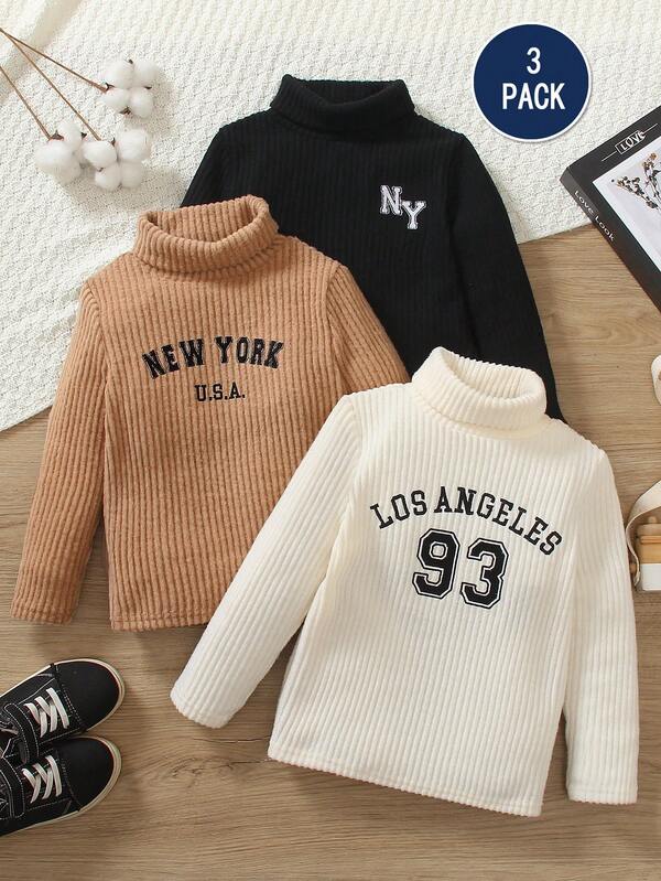 3pcs/Set Boys' Colorful High Neck Long Sleeve Letter Embroidery T-Shirts, Suitable For Boys Aged 4-7 To Wear In Autumn, Spring And Winter. These T-Shirts Are Suitable For Both Outdoor, School Wear And Home Wear.