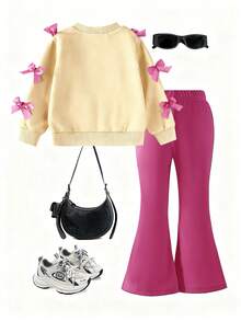 SHEIN 2件套年轻女孩简约时尚粉色蝴蝶结黑色上衣和粉色裤子运动服套装 - 彩色 - 查看 2