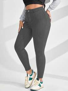 SHEIN CURVE+ 大码女式牛仔弹力休闲简约修身七分牛仔裤，女士牛仔竞技风格 - 灰色 - 查看 3