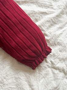 SHEIN 1件女婴秋冬新款2025罗纹抓绒酒红色圆领长袖套头衫，荷叶边袖口，蝴蝶结前襟，按扣下摆连体衣 + 可爱发带 - 紅色 - 查看 8