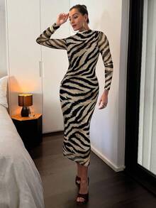 Lavishia Váy ôm dài tay cổ lọ họa tiết trừu tượng màu đen và cà phê dành cho nữ - Màu Khaki - Xem 3