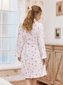 CottageSlumber Cozy Romantic Ditsy Floral Long Sleeve Belted Fluffy Robe, Winter - White - View 4