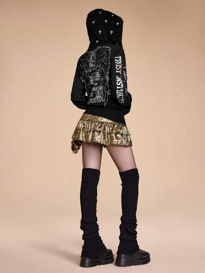 Grunge Punk sweat-shirt à capuche zippé ajusté avec broderie d'ailes, style sous-culture Harajuku Y2K pour femmes