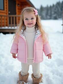 SHEIN Playful Pals 1pc Baby Girls Comfortable Casual Zip-Up Furry Hooded Long Sleeve Padded Coat, Versatile For Autumn/Winter Daily Wear Baby Girl Jacket Winter