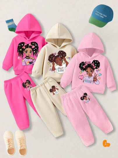 6pcs/Set Toddler Girls Casual Fashion Creative Cartoon Girl Portrait Minimalist Graphic Print Crew Neck Sweatshirt And Jogger Pants Outfit, Suitable For Fall Baby Girl Sweatsuit Baby Girl Fleece Sets Black Baby Girl Clothes Toddler Girl Sweatsuit Baby Girl Hoodie Set Winter