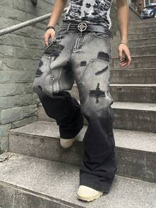 Manfinity EMRG Men's Loose Ripped Pocket Wide-Leg Casual Denim Jeans, Frayed Jeans Plain Long Baggy Black Cargo Jeans, For Husband, Boyfriend Gifts Going Out Hang Out Commute Street Vacation, Emo Style - Black - View 6