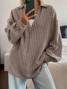 DAZY Women's Loose Casual Striped Shirt, Autumn/Winter - Khaki - View 1