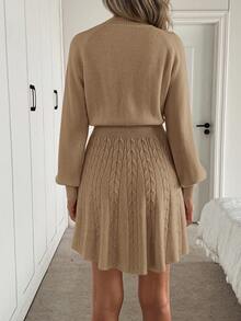 Easowa 高领灯笼袖收腰 A 字中长针织连衣裙，休闲优雅办公室女士毛衣裙 - 卡其色 - 查看 2