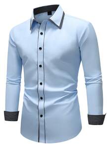 Calvornis 男士撞色饰边前扣休闲商务长袖衬衫 - 淺藍色 - 查看 4