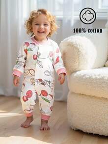 女婴荔枝印花长袖单排扣双面连体衣，舒适柔软 - 粉色 - 查看 3