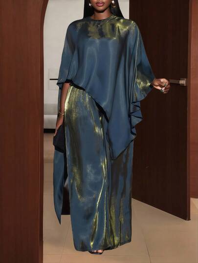 Veslaya Conjunto de 2 piezas de ropa de invierno para mujer talla grande, con top estilo capa de tela brillante y pantalones sueltos, adecuado para Navidad/Año Nuevo/Fiestas/Elegancia femenina/Conjunto de 2 piezas brillante/Atuendo de Acción de Gracias para mujer/Vestido formal