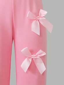 Sweetra 2pcs/Set Young Girls Fashion Pink Bow Round Neck Long Sleeve Sweatshirt And Elastic Waist Jogger Pants, Casual Sporty Outfit Suitable For Spring And Autumn Girls Jogging Set Girls Sweatsuit Set Girls Comfy Set Toddler Girl Sweatsuit Girls Bow Set Fall Winter - Pink - View 5