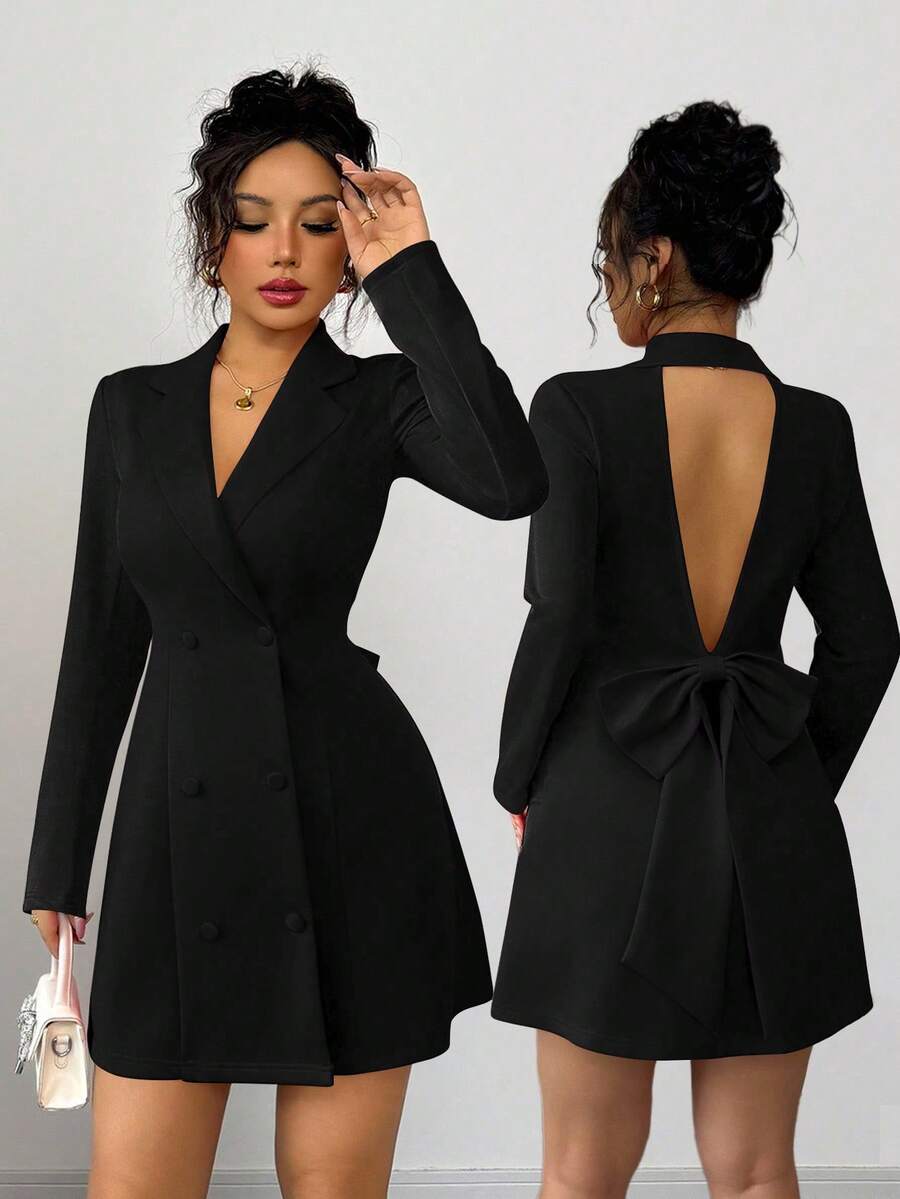 Elenzga 全新女式西装领双排扣深 V 领大蝴蝶结设计长袖修身派对鸡尾酒迷你连衣裙，优雅、青春、百搭 - 黑色 - 查看 1