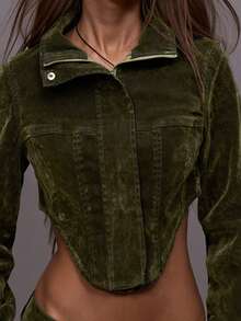 MUSERA 高领弧形下摆修身植绒夹克套装上衣（仅限冬季夜间外出街头风可爱返校性感未裁剪春夏度假款） - 軍綠色 - 查看 6