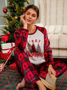 SHEIN 2pcs Christmas Tree Print Reversible Flannel Women Cozy Crew Neck Tops & Pants Fluffy Lounge Set, Winter Clothes - Apricot - View 6