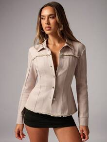 磨边设计仿牛仔布效果拼布长袖衬衫 - 淺灰色 - 查看 4