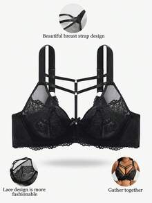 SHEIN 1pc Plus Size Lace Contrast Mesh Underwire Lingerie Bra - Black - View 2