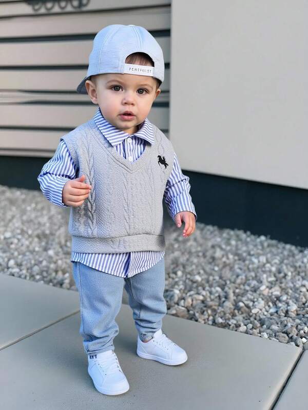 SHEIN 2pcs/Set Toddler Boy Fleece Lined Thick Long Sleeve Shirt And Gray Knit Vest With Denim Pants, Comfortable Casual Versatile Outfit Suitable For Indoor, Outdoor, Daily Wear, Sports, Play, Party, Photo Shoot, Holiday, Back To School, Streetwear, Joggers, Tracksuit, Halloween, Spring/Summer/Autumn/Winter Toddler Boy Outfit Set Toddler Boy Jeans Outfit Baby Boy Cable Knit Vest Outfit Fall