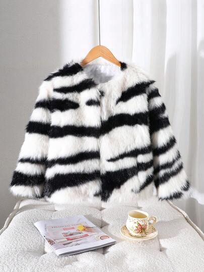 Tween Girl Contrast Color Long Sleeve Faux Fur Trim Tweed Jacket, Autumn/Winter