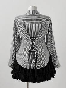 Sunspun 女士缎面经典黑白条纹收腰修身衬衫，复古美式风格，春秋 - 黑與白 - 查看 2