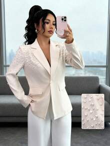 Rafferiza Bộ vest nữ tay dài cài khuy đơn đính ngọc trai thanh lịch, đệm vai, màu trắng, bộ vest nữ, bộ vest nữ, bộ vest trắng - Màu be - Xem 6