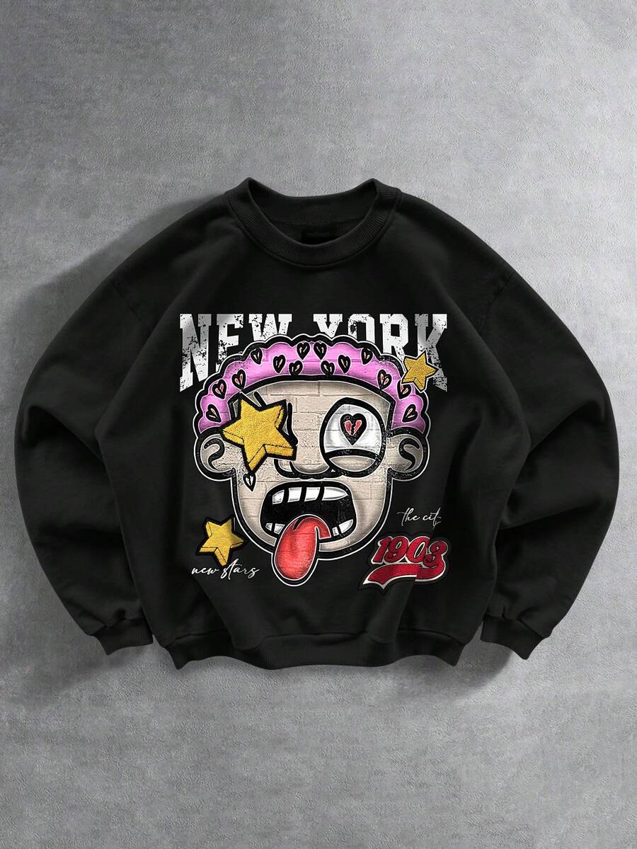 Manfinity EMRG Áo nỉ cổ tròn in khẩu hiệu New York và chân dung hài hước dành cho nam, Áo nỉ mùa thu, Quần áo mùa thu cho nam - màu đen - Xem 1