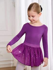 2pcs/Set Young Girl Sequin Hem Long Sleeve Sheer Ballet Dance Dress - Purple - View 3