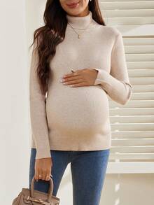 SHEIN Suéter de cuello alto acanalado de maternidad, capa base elástica y ajustada - Albaricoque - Ver 4