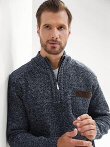 Manfinity Mode Men's Casual Geometric Pattern Sweater, Autumn/Winter Christmas, For Fall - Navy Blue - View 3