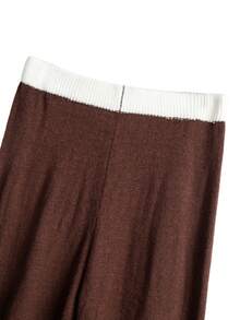 Linhara 2pcs Women's Contrast Trim Polo Neck Sweater & Pants Set, Fashion Knit Suit For Autumn/Winter - Coffee Brown - View 7