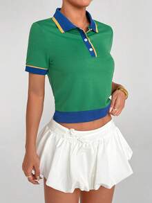 Dewbera Women's Contrast Color Short Sleeve Casual Fitness Sports Polo Shirt - Green - View 5