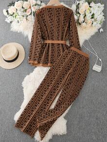 Modelyn Plus Size Printed Long Sleeve Top And Pants Sweater Set - Brown - View 2