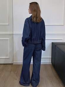 Livesso 女式休闲高领上衣和牛仔裤套装，秋季 - 藍色 - 查看 2