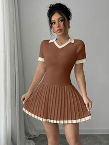 Elenzga Contrast Color V-Neck Casual Pleated Sweater Dress - Camel - View 4