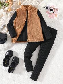 Elladie kids 3pcs/Set Toddler Girls Autumn/Winter New Ribbed Fleece Black Crew Neck Long Sleeve Pullover T-Shirt, Brown Fuzzy Collar Cardigan Vest, Casual Long Pants, Warm Outfit - Multicolor - View 3