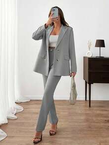 EURMUSE Women Solid Color Suit Sets Blazer Jacket And Pants Rhinestone And Button Front Detailed - Light Grey - View 1