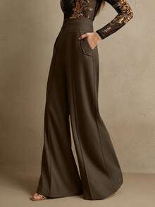Anewsta Elegant High-Waisted Flared Double-Button Suit Pants, Chic Urban Style, New Year's - Coffee Brown - View 4