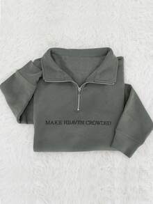INAWLY 1/4 Zip Embroidered "Make Heaven Crowded" Sweatshirt - Faith Sweater - Faith-Based Women's Sweater - Gift For Her - Christian Hymn - Grey - View 3