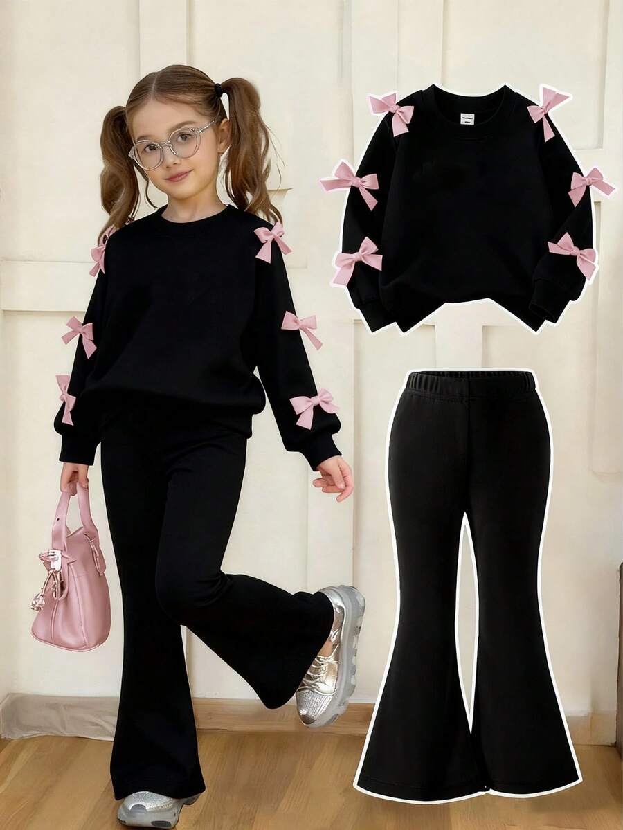 SHEIN 2件套年轻女孩简约时尚黑色蝴蝶结装饰上衣和黑色裤子运动服套装 - 黑色 - 查看 1